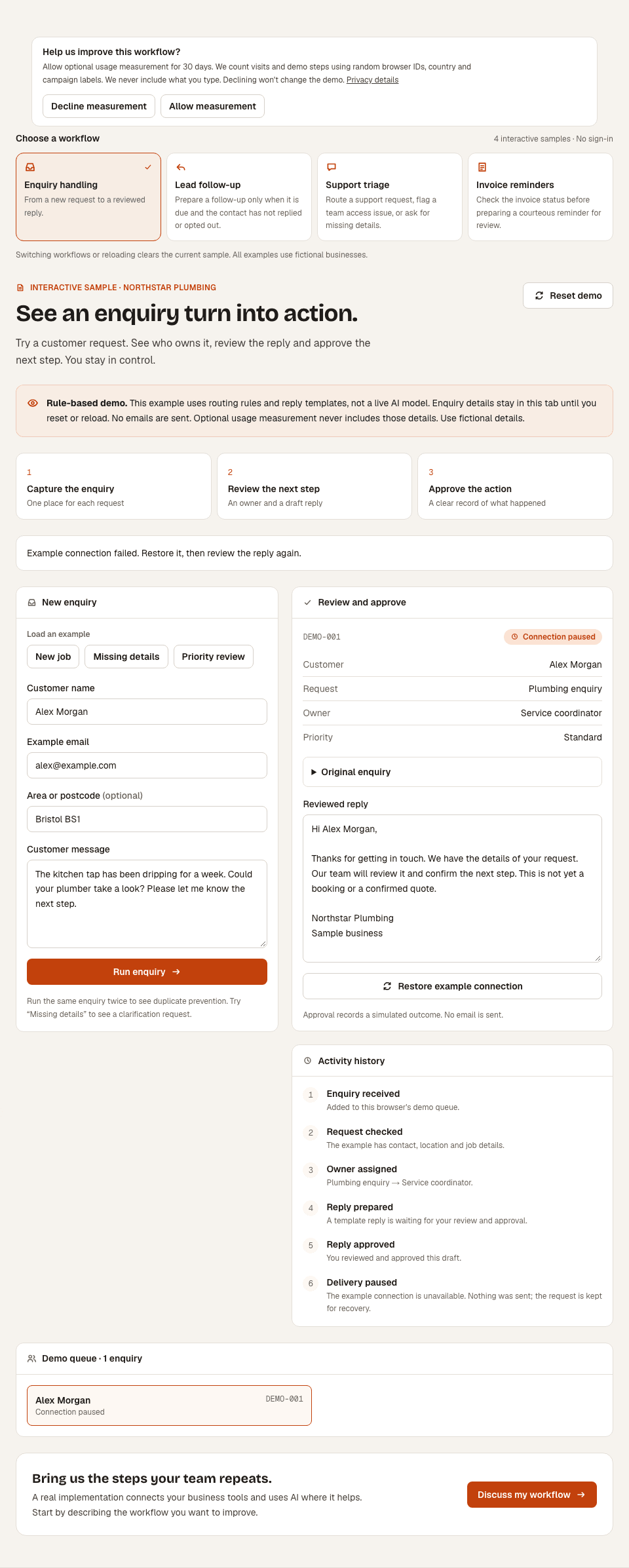 Actual local enquiry sample showing fictional Alex Morgan’s request in Connection paused, its retained reviewed reply and the Restore example connection button.