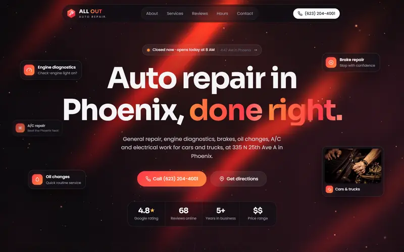 موقع All Out Auto Repair، الشاشة الأولى