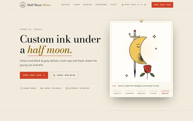 موقع Half Moon Tattoo، الشاشة الأولى