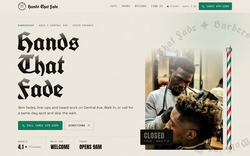 موقع Hands That Fade Barbershop، الشاشة الأولى