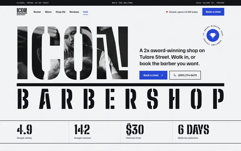 موقع Icon Barbershop، الشاشة الأولى