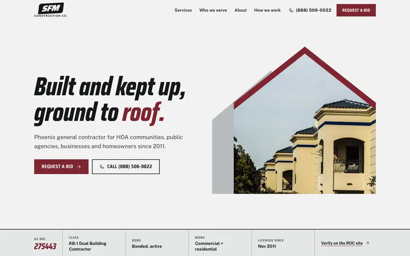موقع SFM Construction Co.، الشاشة الأولى