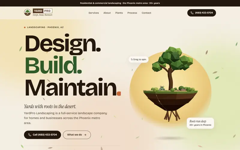 موقع YardPro Landscaping، الشاشة الأولى